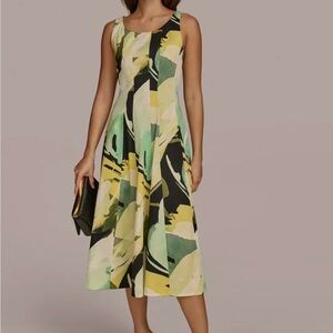 Donna Karan Sleeveless Abstract Midi Dress in Yellow, Green & Black